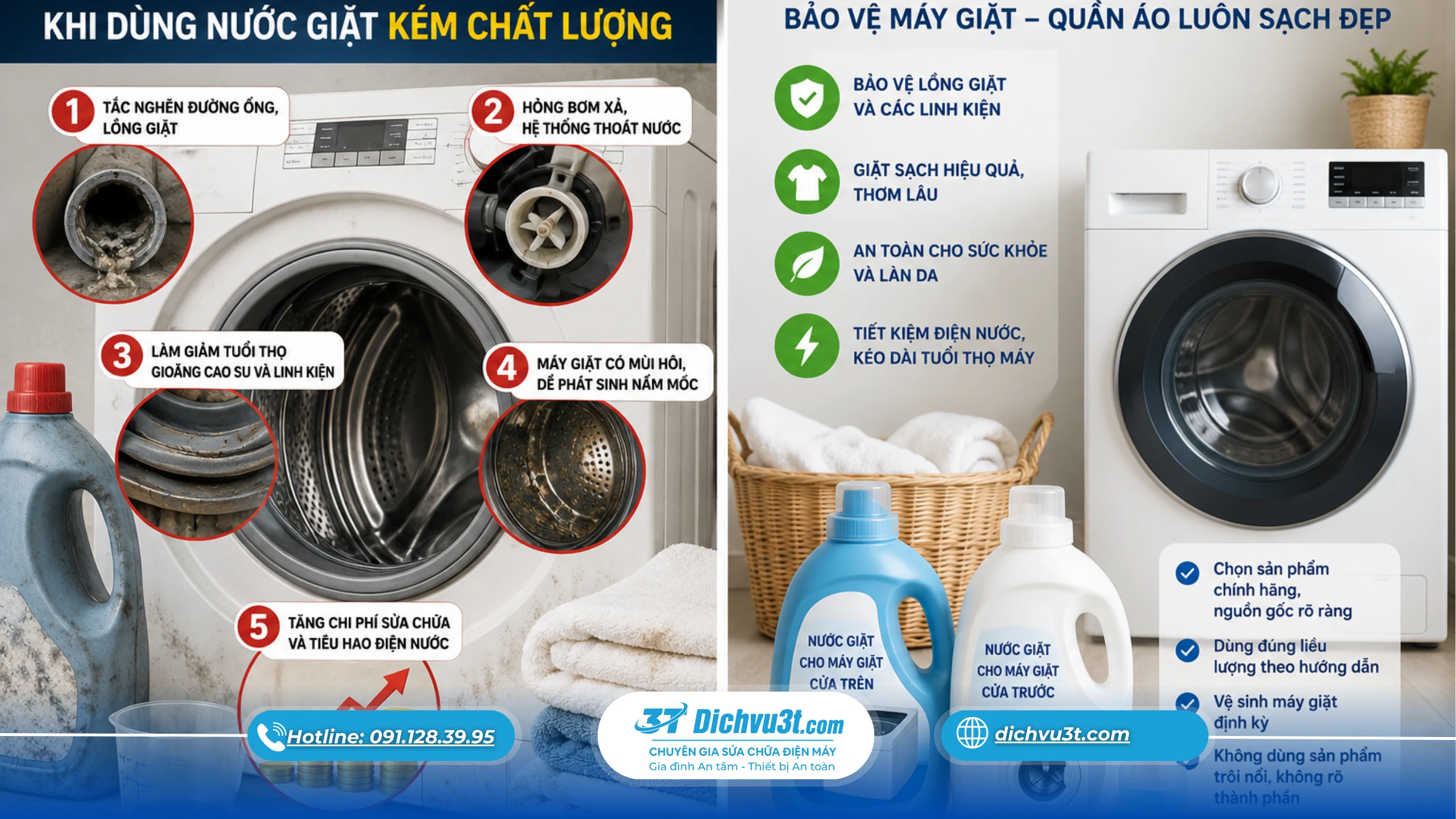 nước giặt kém chất lượng, tác hại của nước giặt kém chất lượng, cách chọn nước giặt cho máy giặt, Dịch Vụ 3T